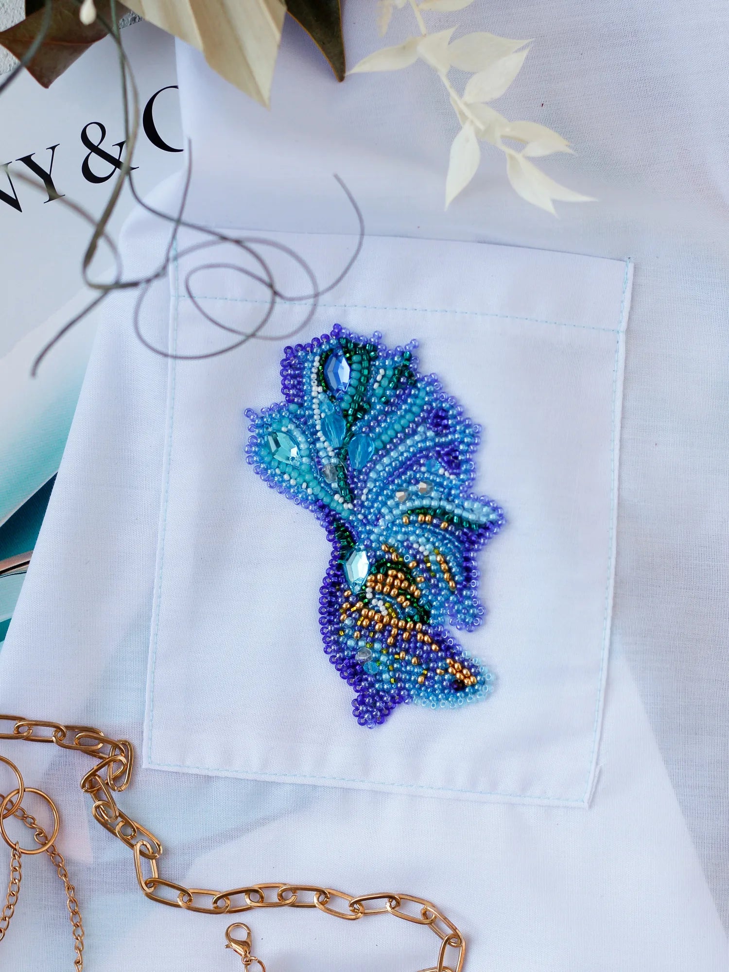 Bead Embroidery Kit On Clothes Decoration Blue gold-A