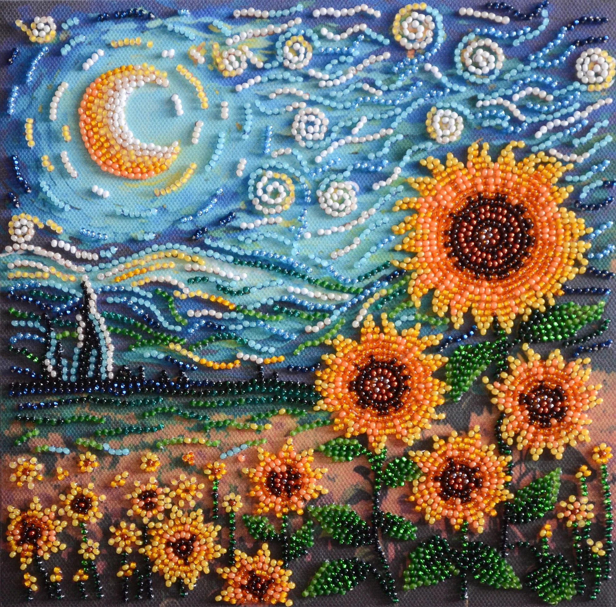 Bead Embroidery Kit Mid-sized bead embroidery kit Sunflowers in night’s embrace