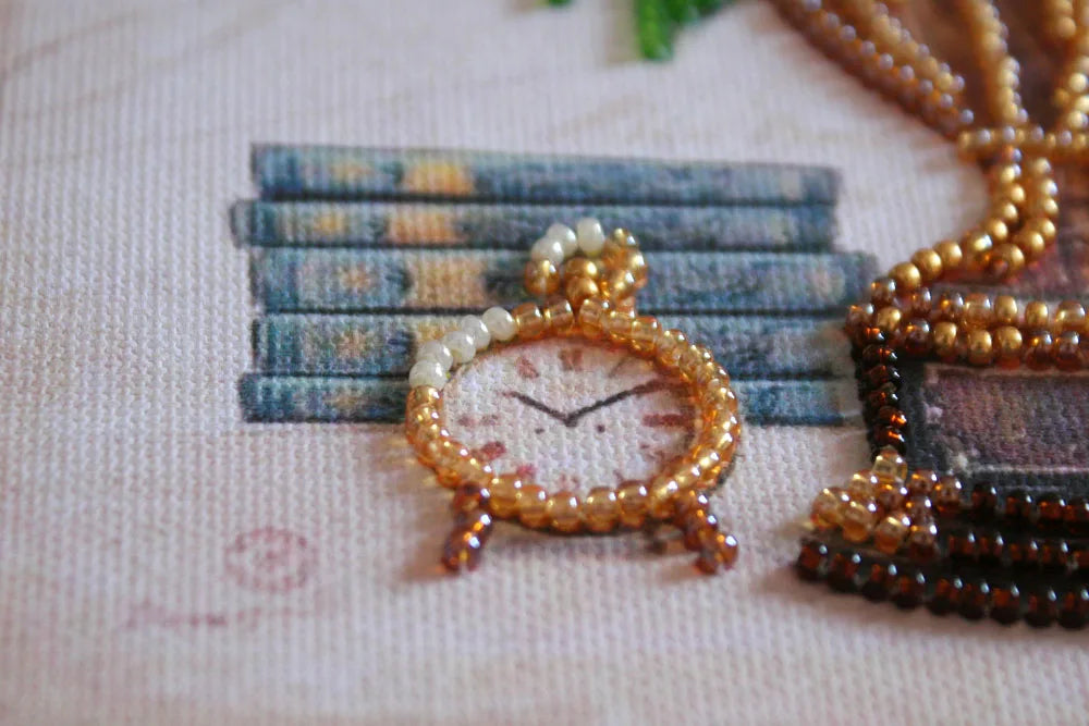 Bead Embroidery Kit Mini Bead embroidery kit Still lafe with a clock